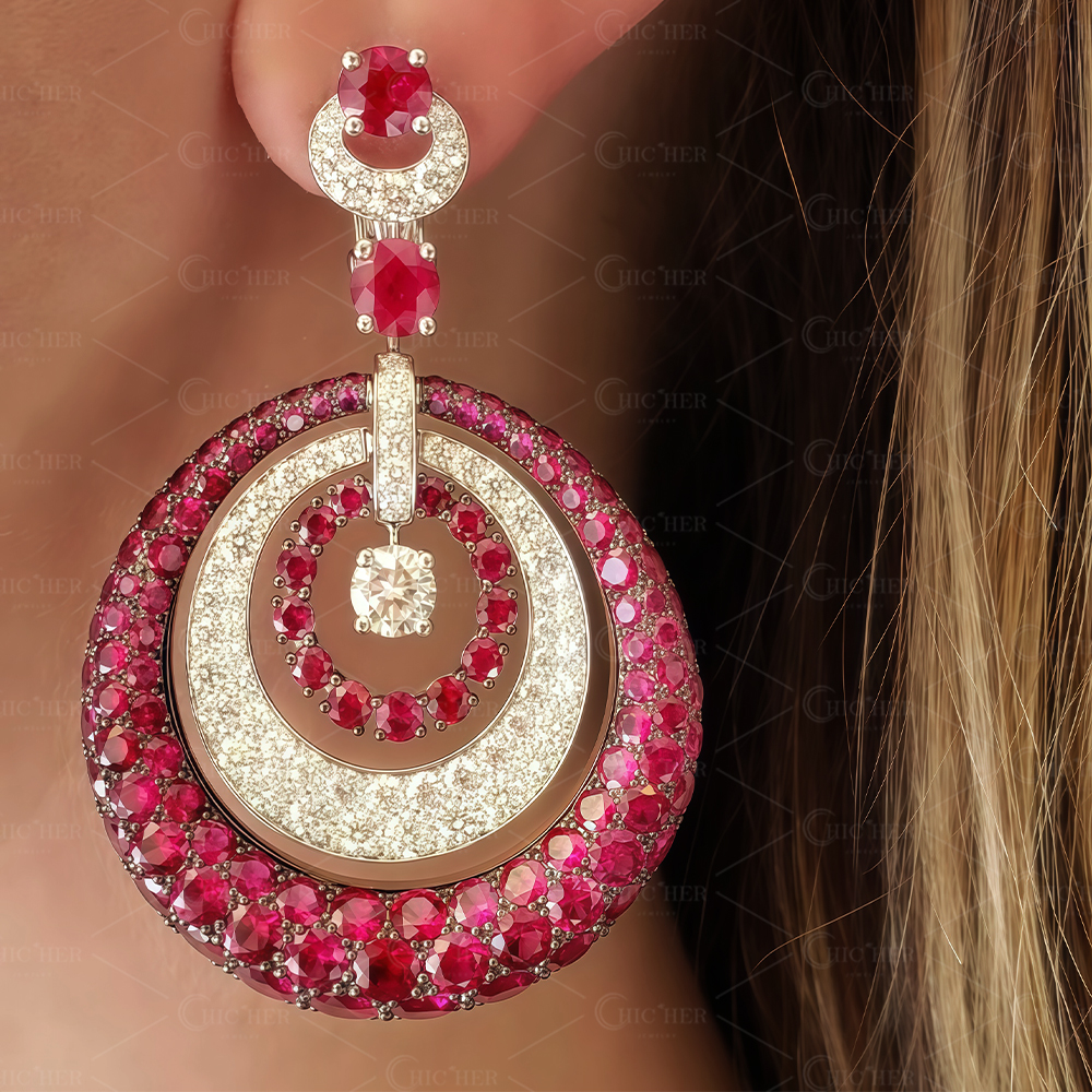 Luxuy Round Cut Ruby ​​Sapphire Drop Earrings