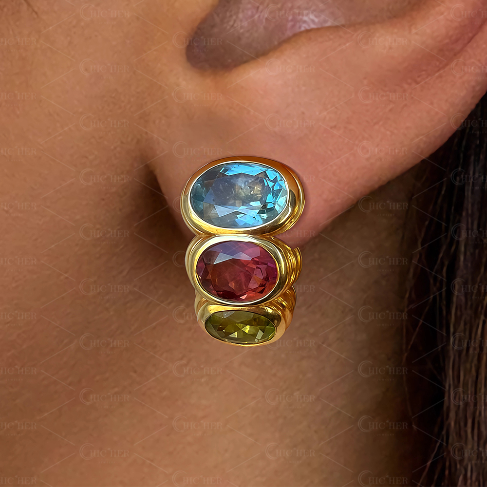 Art Deco Oval Cut Rainbow Sapphire Hoop Earrings