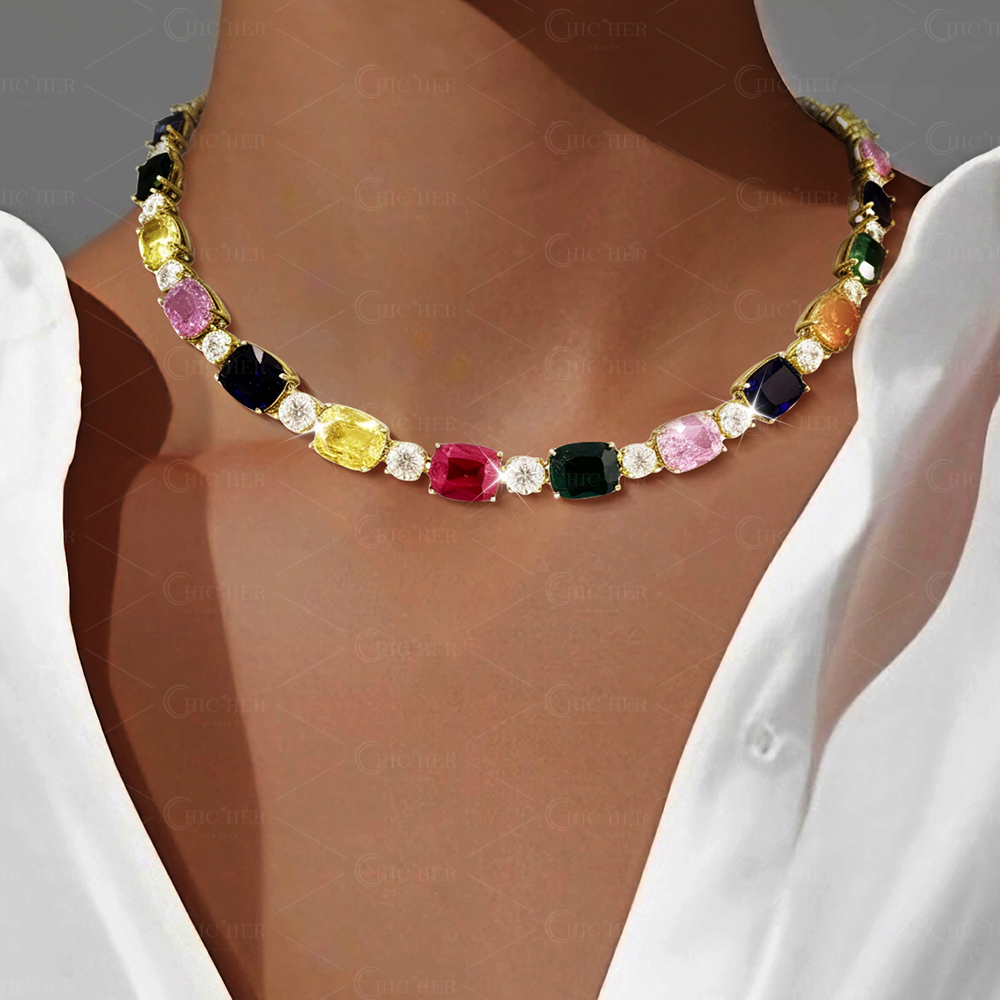 Cushion Cut Rainbow Sapphire Necklace