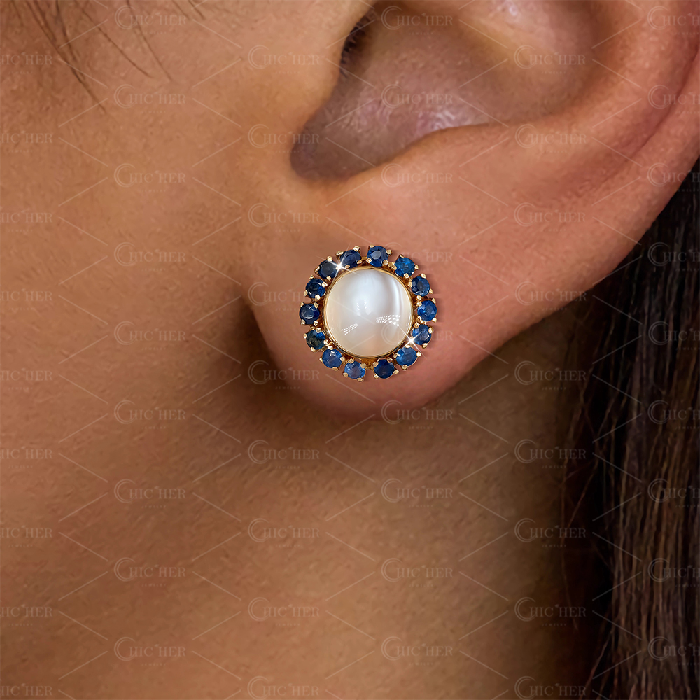 Sapphire Halo Moon Stone Stud Earrings
