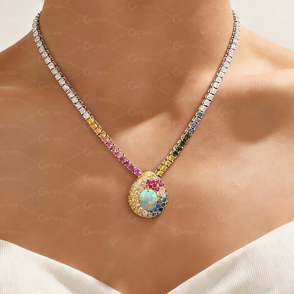 Oval Cut Opal Sapphire Necklace