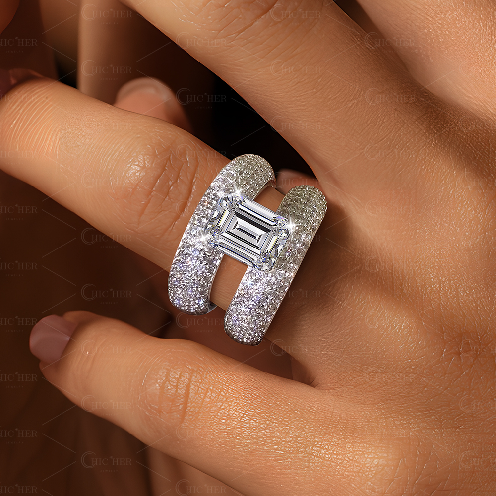 2ct Emerald Cut White Sapphire Full Diamond Ring