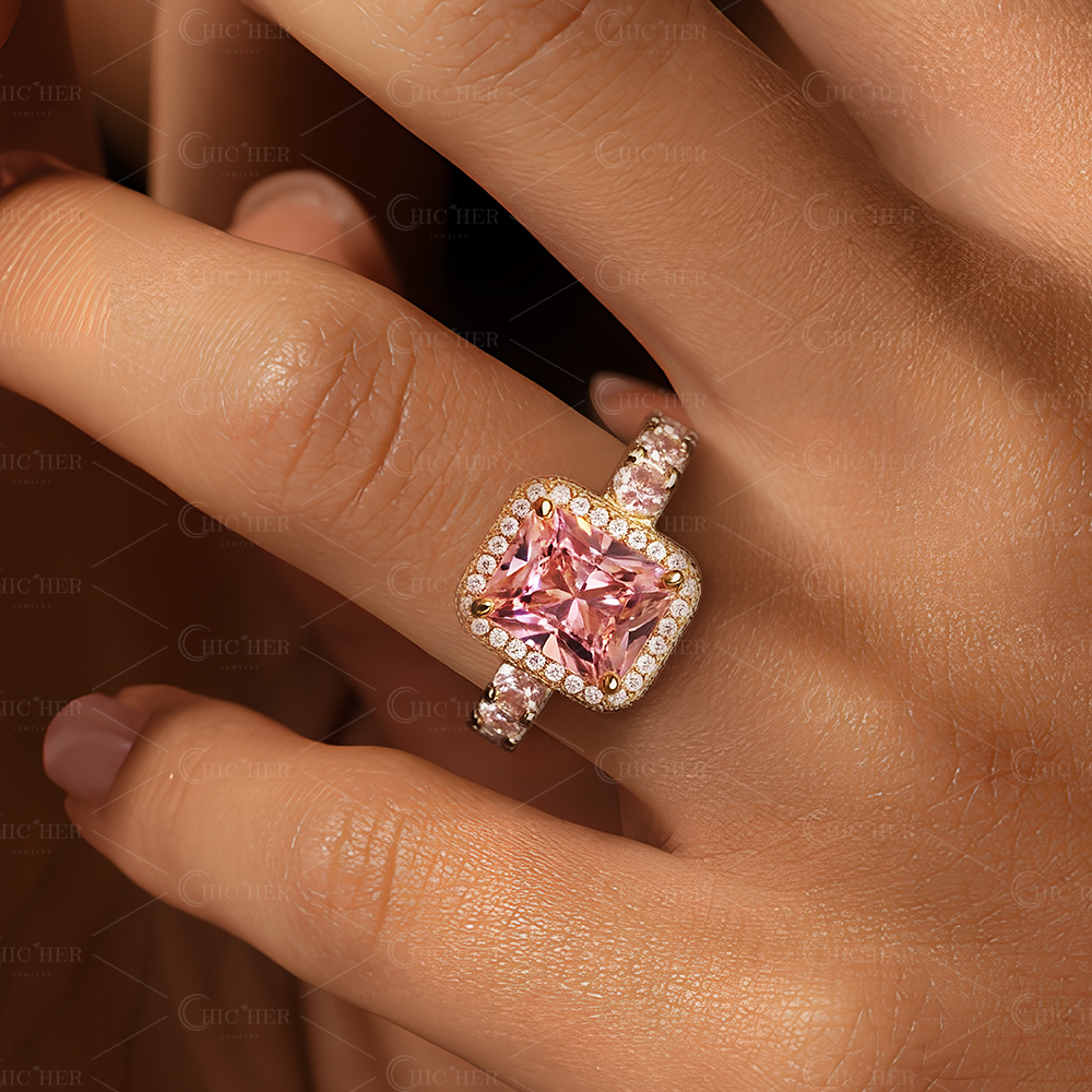 7ct Halo Radiant Cut Pink Sapphire Engagement Ring