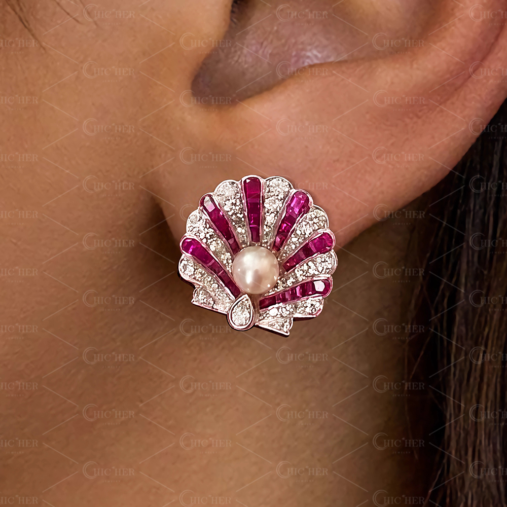 Ruby Shell Sapphire Stud Earrings With Pearls
