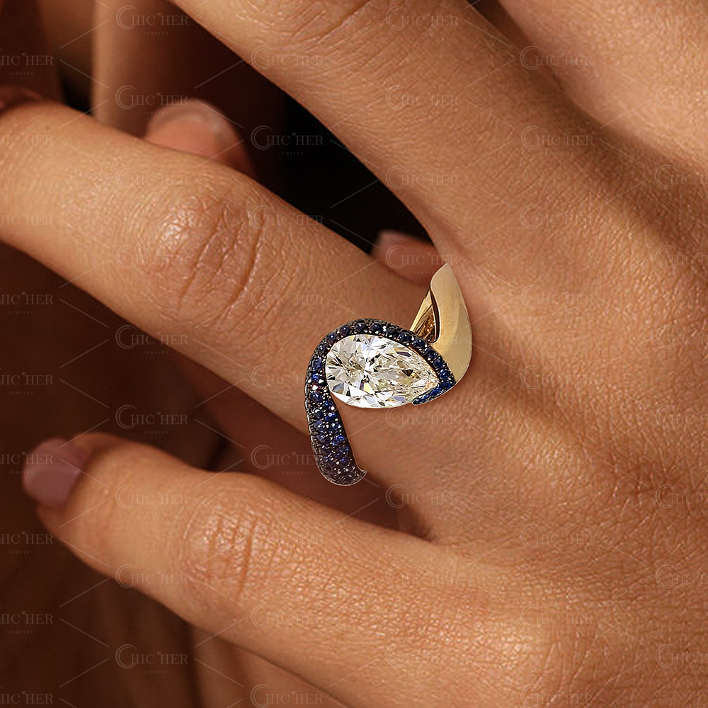 4ct Bezel Setting Pear Cut Blue Sapphire Engagement Ring