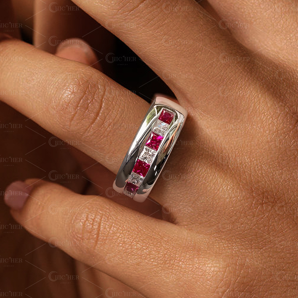 4.25ct Princess Cut Ruby Sapphire Men's Half Eternity Ring