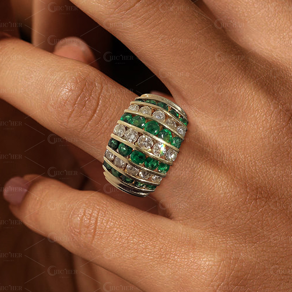 7.55ct Art Deco Round Cut Emerald Sapphire Eternity Ring