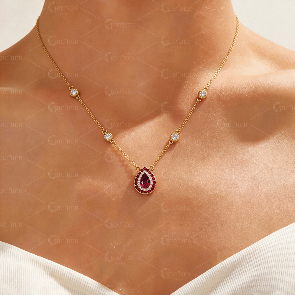 Pear Cut Garnet Sapphire Pendant Necklace