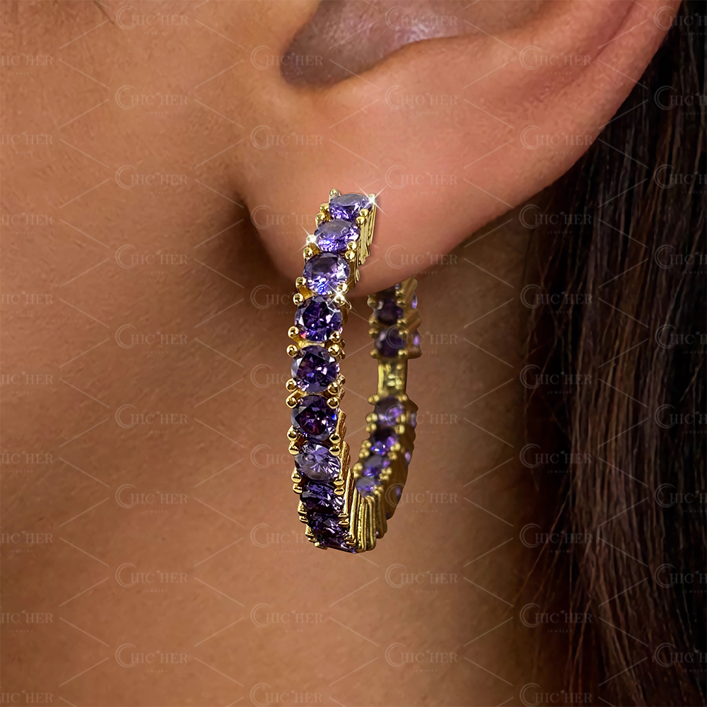 Round Cut Amethyst Sapphire Hoop Earrings