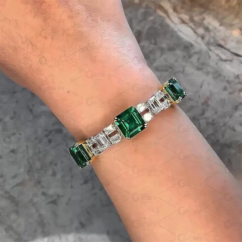Asscher Cut Emerald Sapphire Bracelet