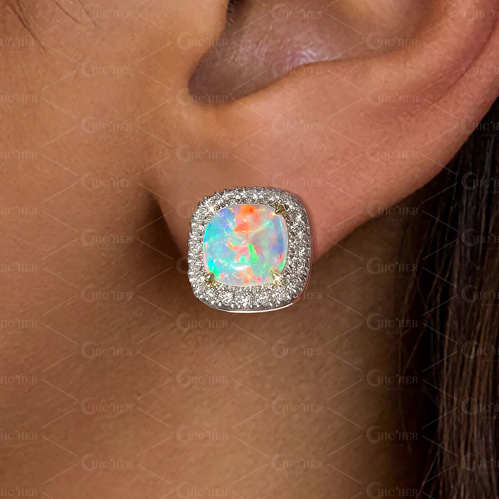 Cushion Cut Opal Sapphire Stud Earrings
