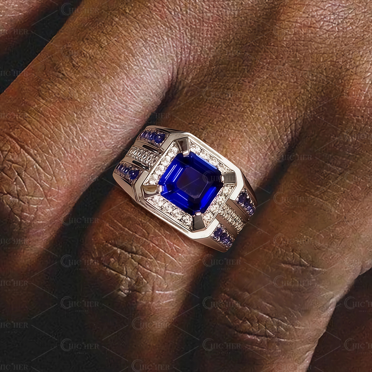 5ct Asscher Cut Blue Sapphire Men's Engagement Ring