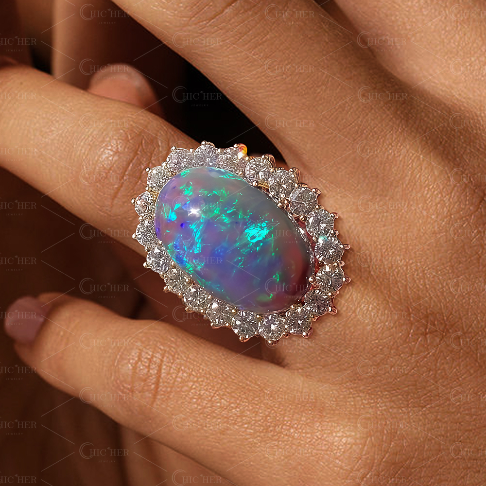 7ct Halo Oval Cut Black Opal Sapphire Engagement Ring