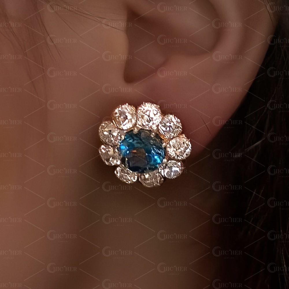 Round Cut Aquamarine Sapphire Stud Earrings