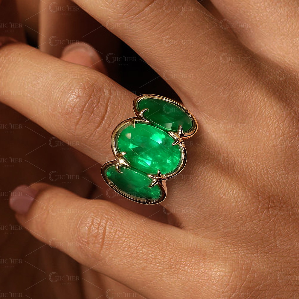7ct Bezel Setting Three-Stone Oval Cut Emerald Ring