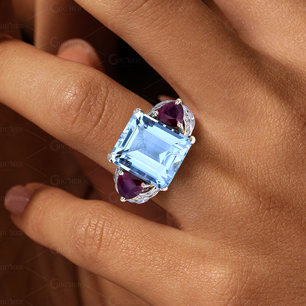 Vintage 5.5ct Three-Stone Emerald Cut Aquamarine Ring