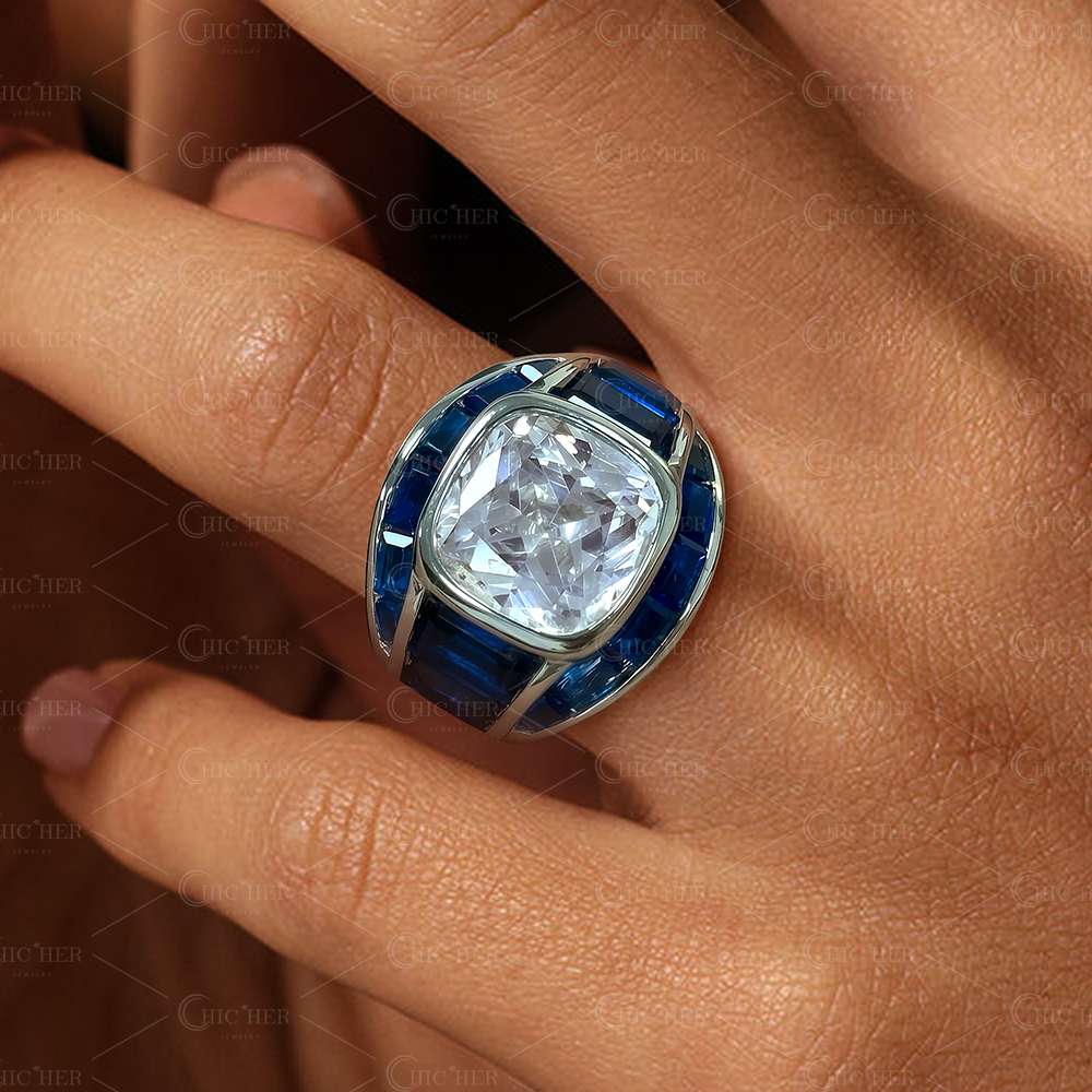 5ct Art Deco Cushion Cut Blue Sapphire Engagement Ring