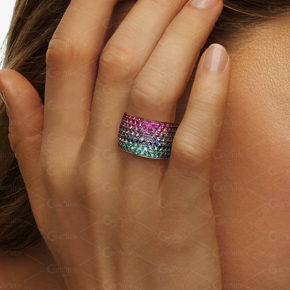 6.85ct Round Cut Rainbow Sapphire Eternity Ring