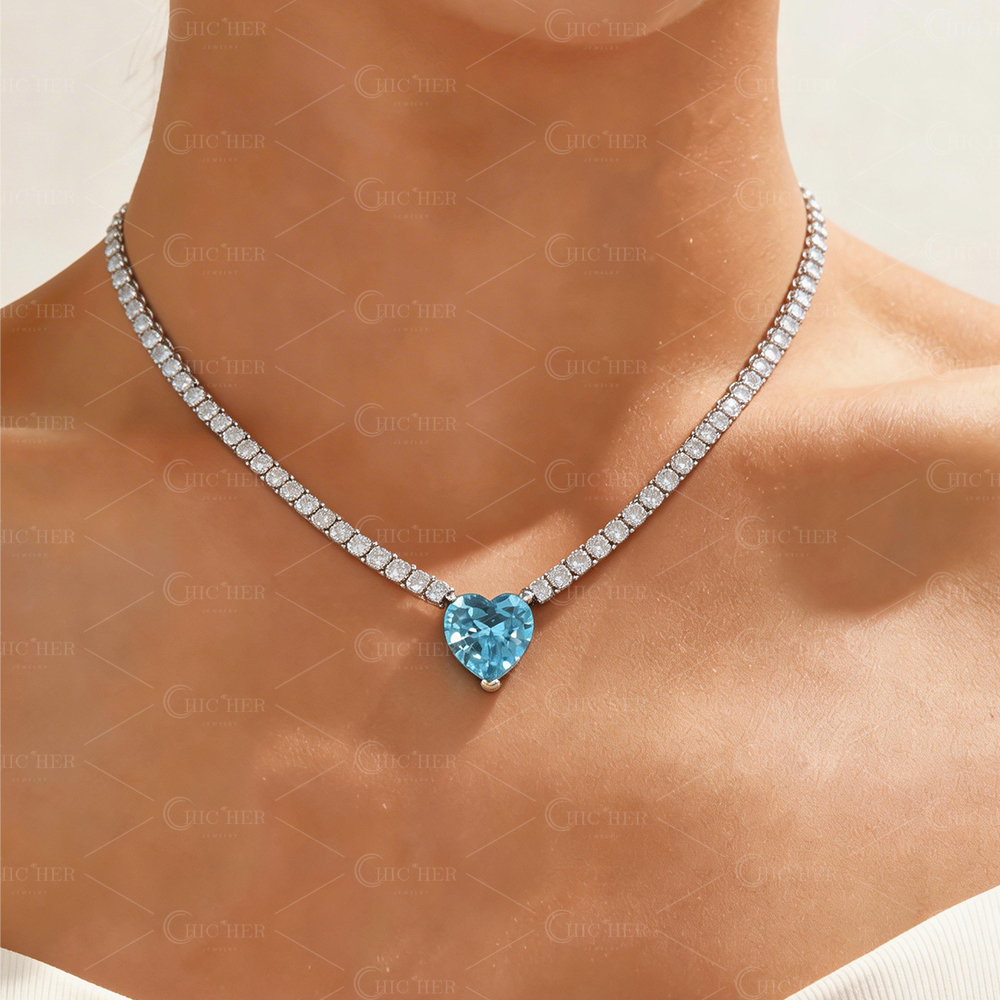 Heart Cut Aquamarine Sapphire Choker Necklace