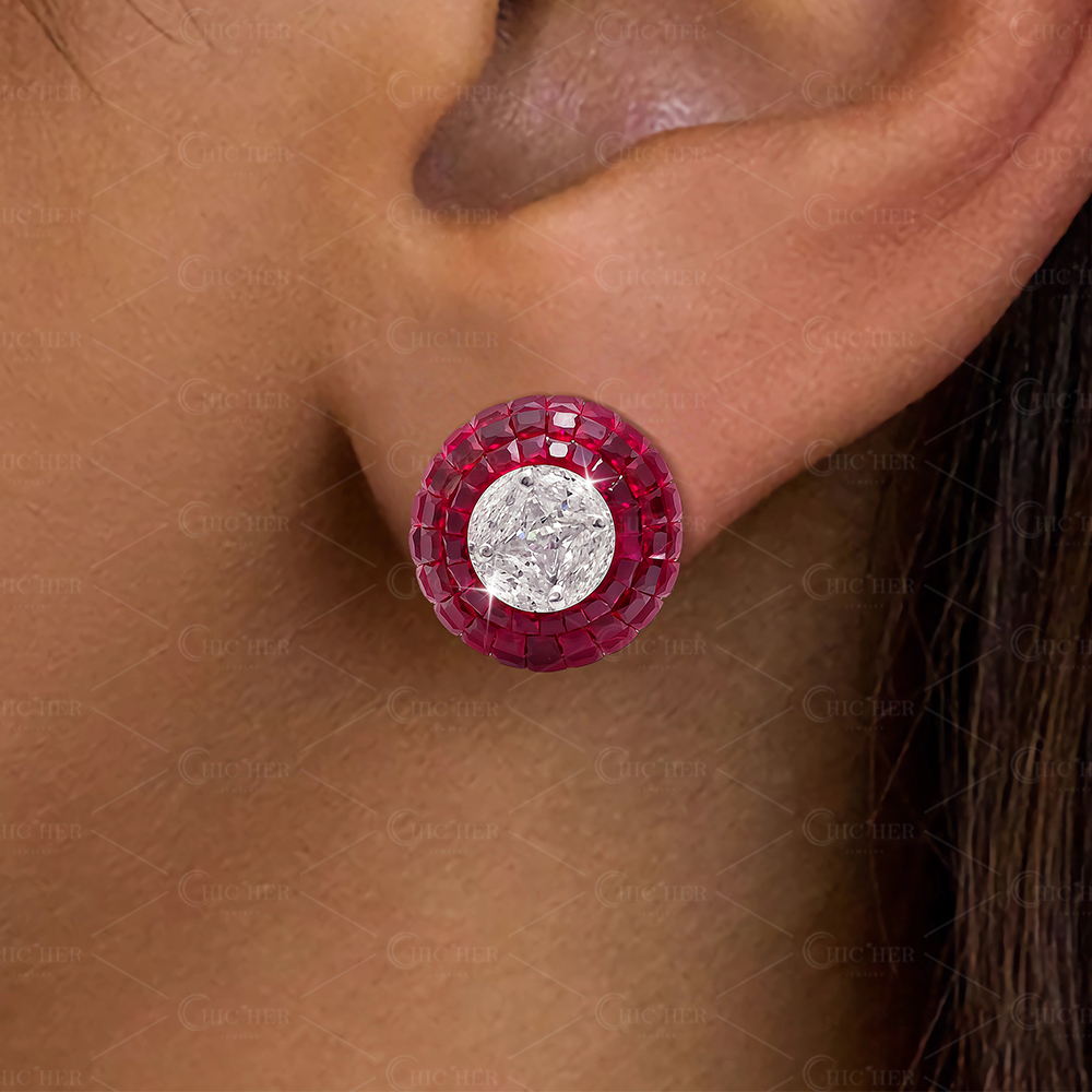 Invisible Setting Round Cut White Sapphire Stud Earrings