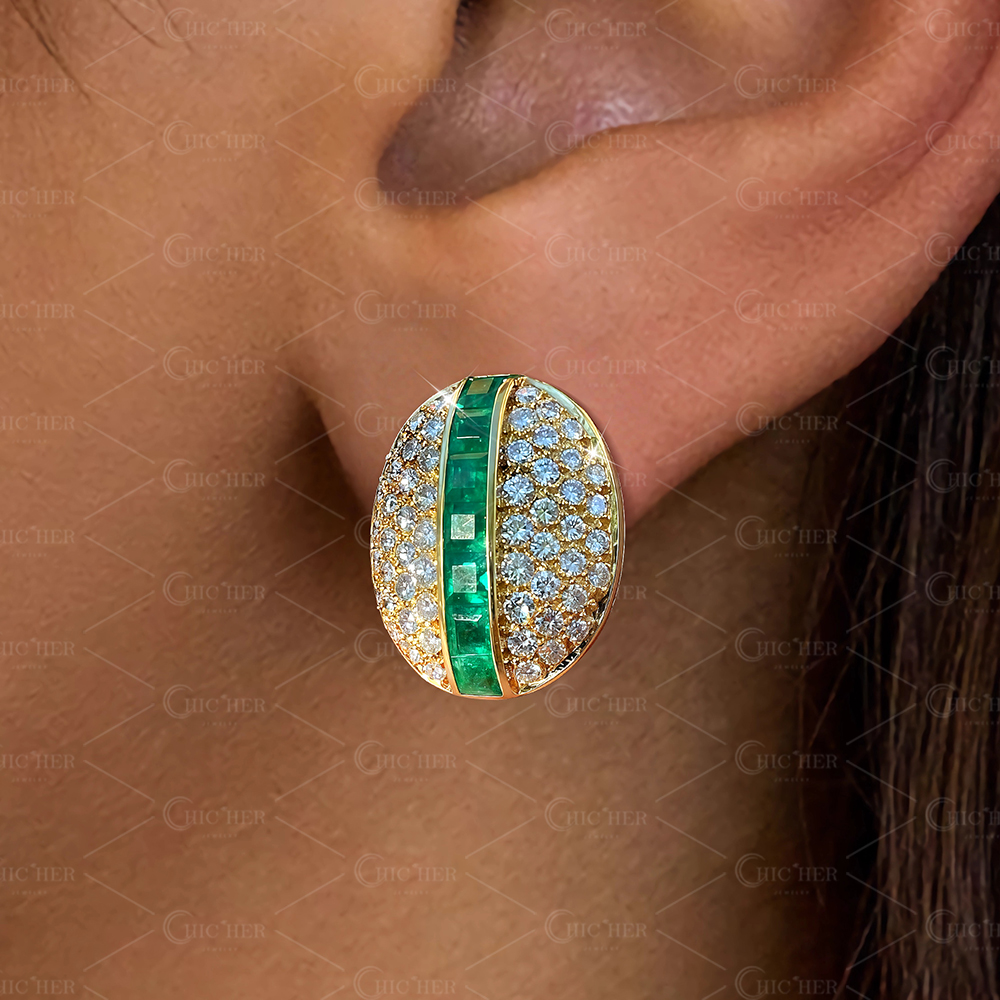 Micro-pave Setting Emerald Cut Emerald Sapphire Stud Earrings