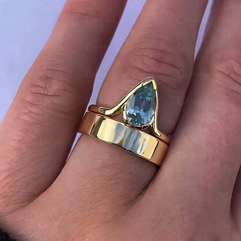 5ct Pear Cut Aquamarine Wedding Set Rings