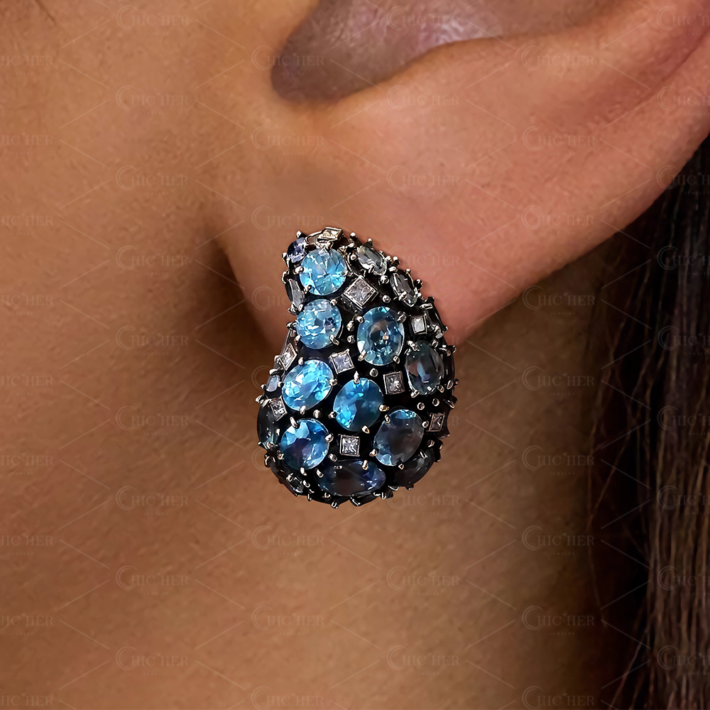 Art Deco Design Aquamarine Sapphire Cluster Stud Earrings