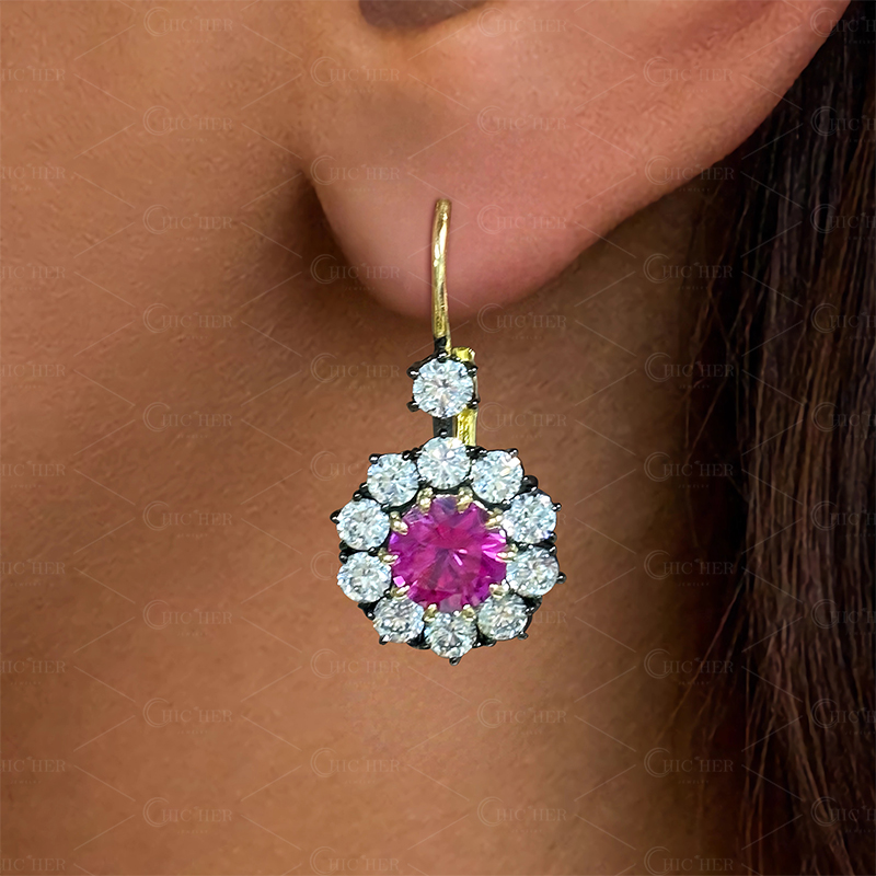 Round Cut Ruby Sapphire Cluster Earrings