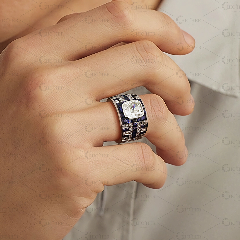 5ct Cushion Cut Two-tone Sapphire Men's  Ring