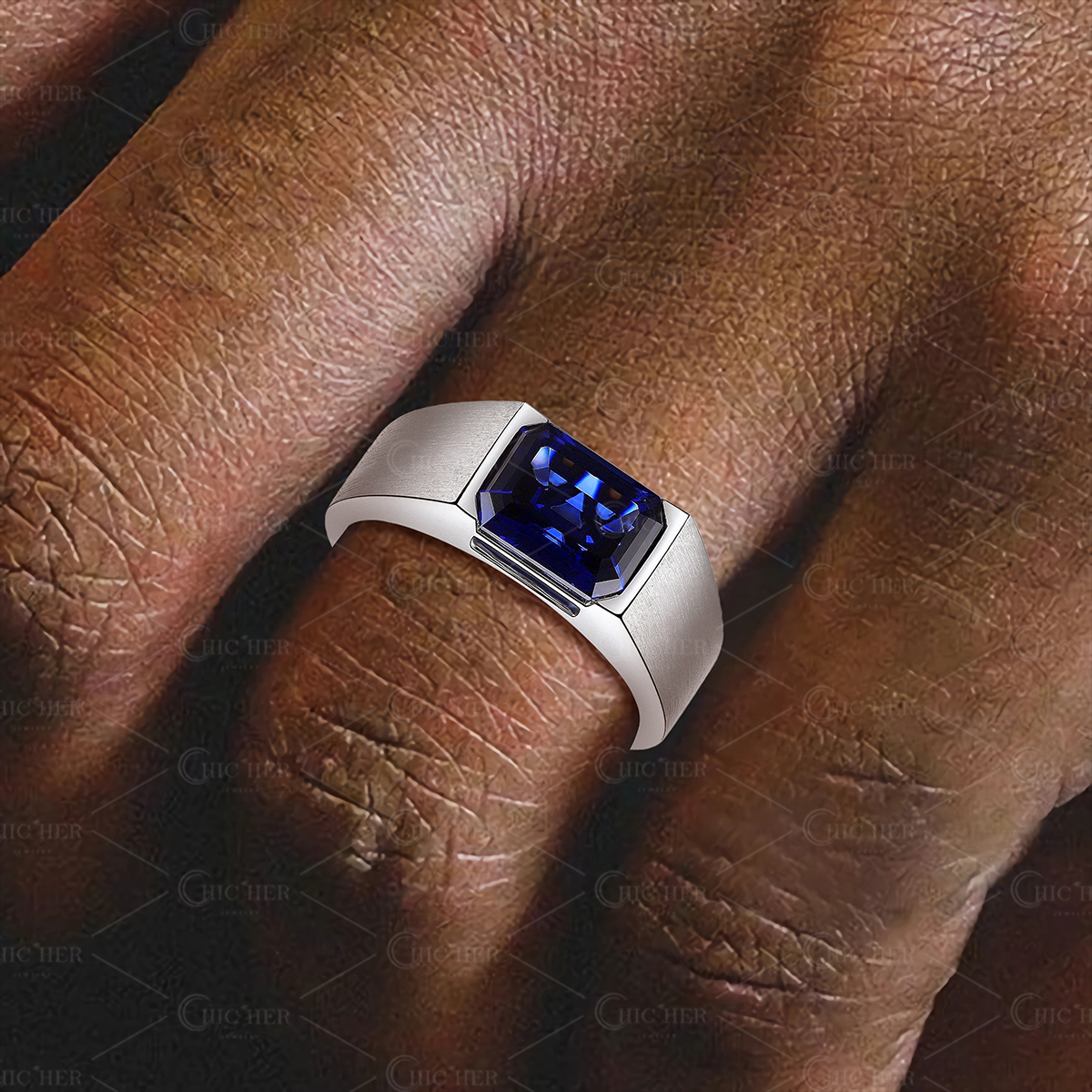 5ct Emerald Cut Blue Sapphire Men's Engagement Ring