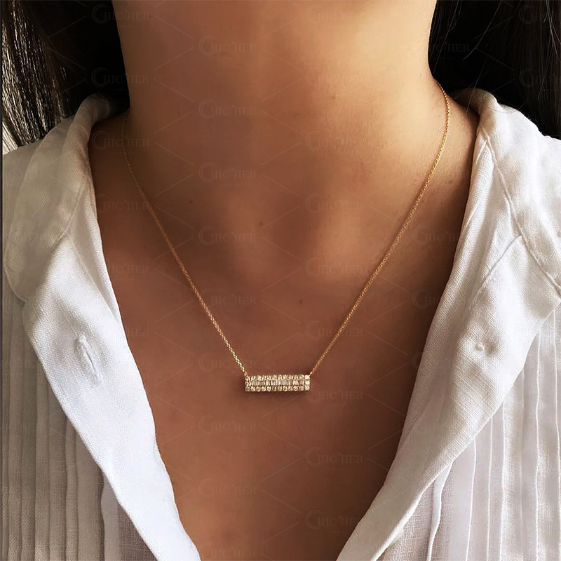 Round&Baguette Cut White Sapphire Pendant Necklace