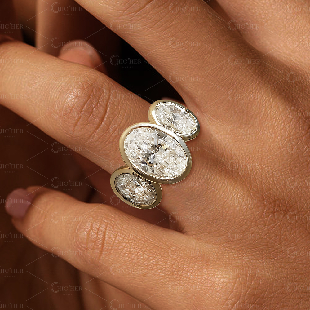 8ct Bezel Setting Three-Stone Oval Cut White Sapphire Ring