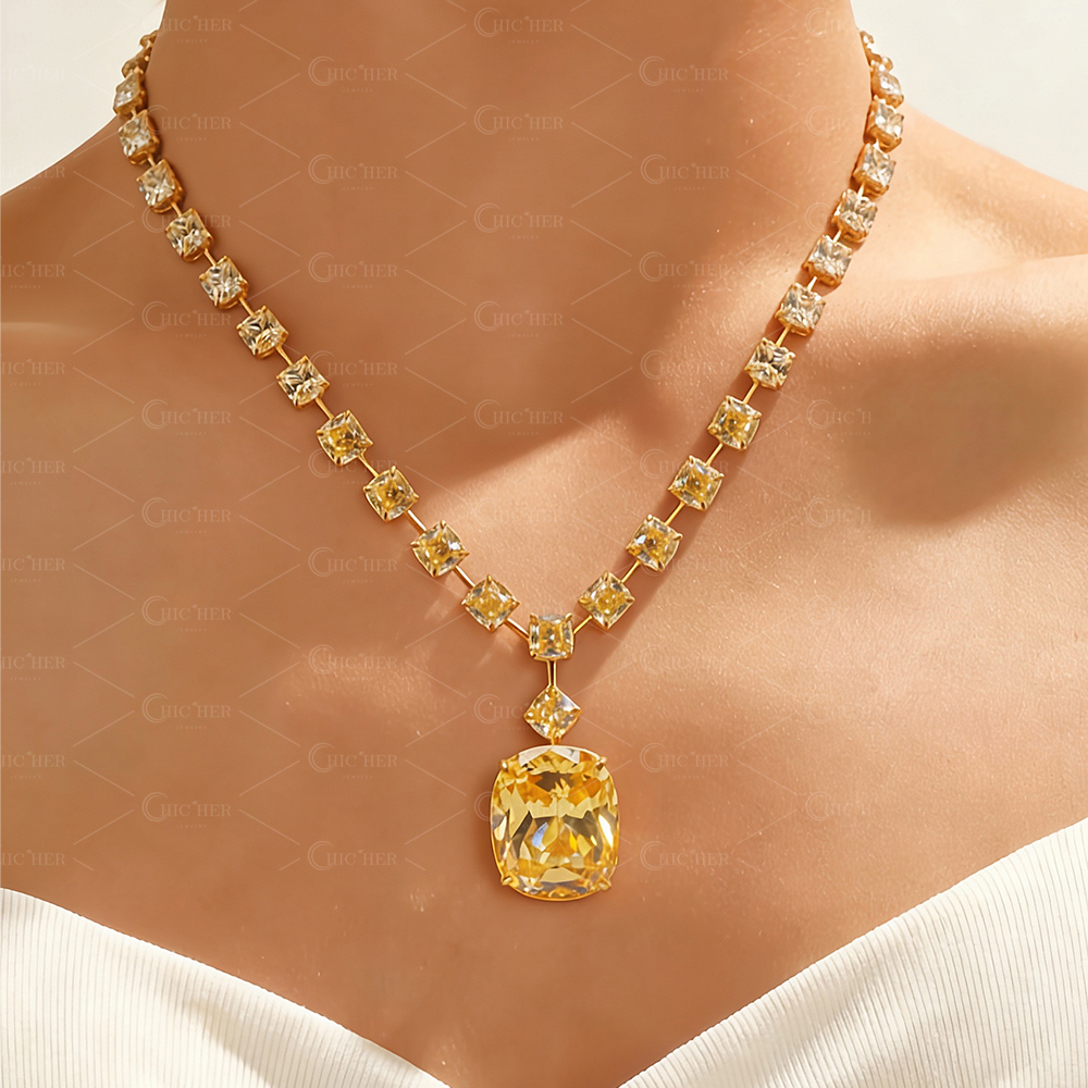 Luxury Cushion Cut Yellow Sapphire Pendant Necklace