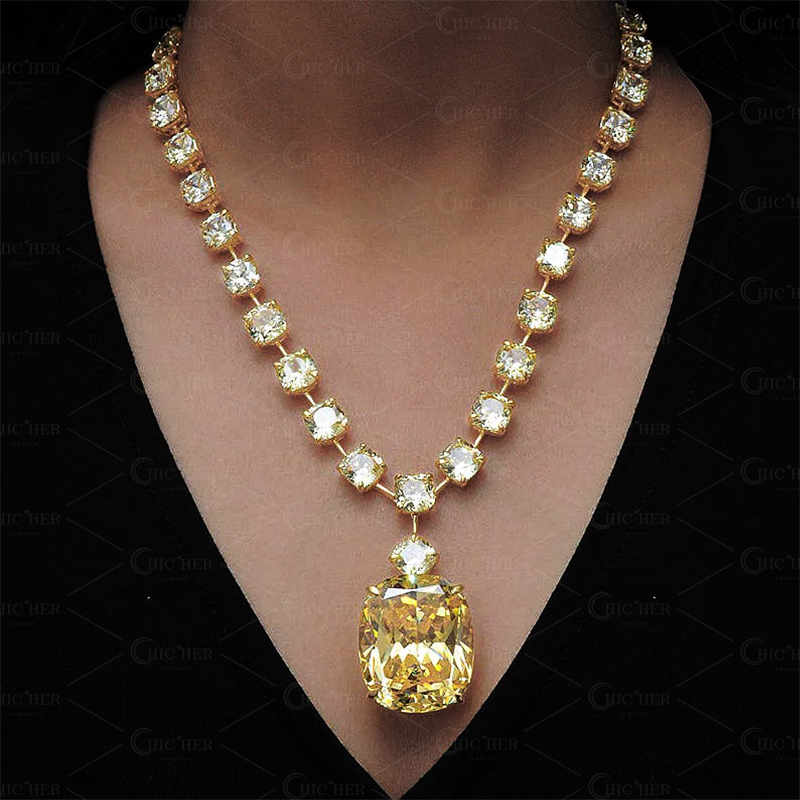 Luxury Cushion Cut Yellow Sapphire Pendant Necklace