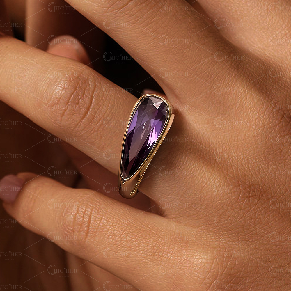 5.25ct Bezel Setting Pear Cut Amethyst Ring