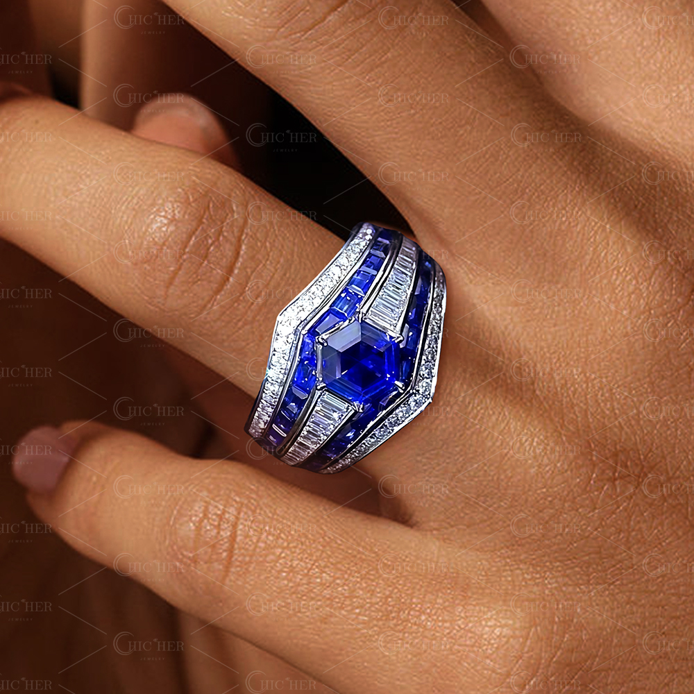 3ct Hexagon Cut Blue Sapphire Cocktail Ring
