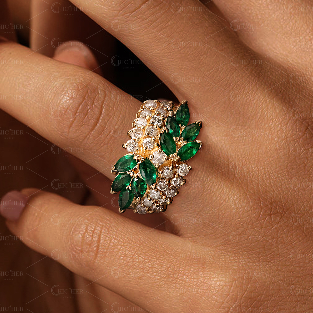 8.25ct Floral Marquise Cut Emerald Sapphire Cocktail Ring