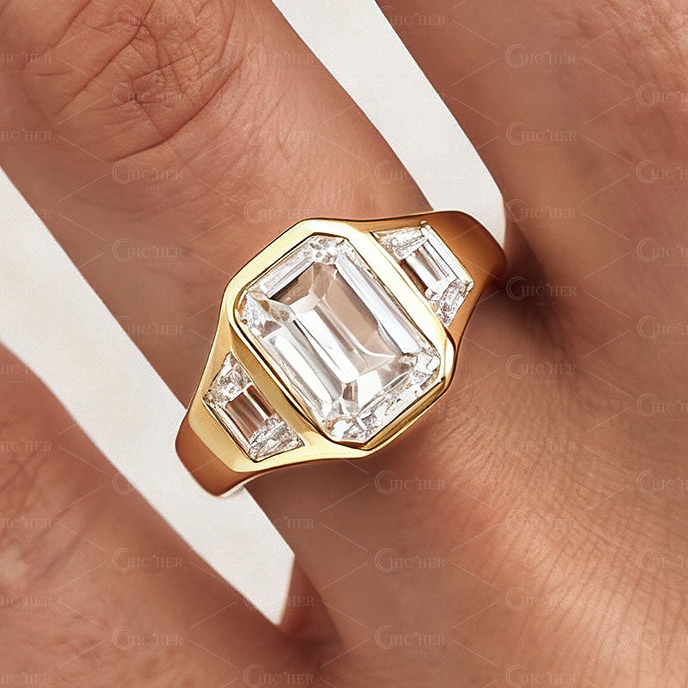 4.5ct Three Stone Emerald Cut All Over Bezel Set Yellow Gold Engagement Ring