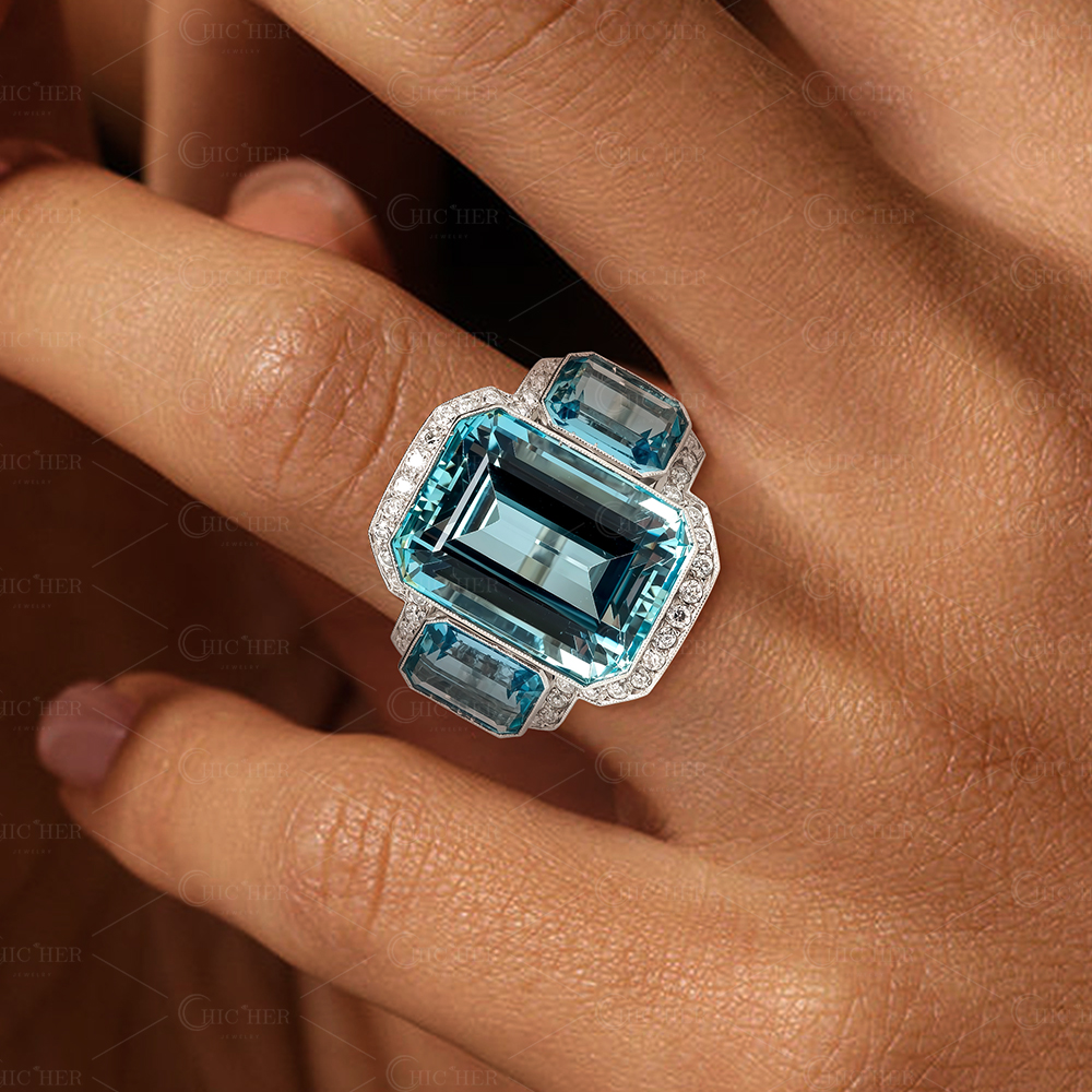 7ct Three-Stone Emerald Cut Aquamarine Cocktail Ring