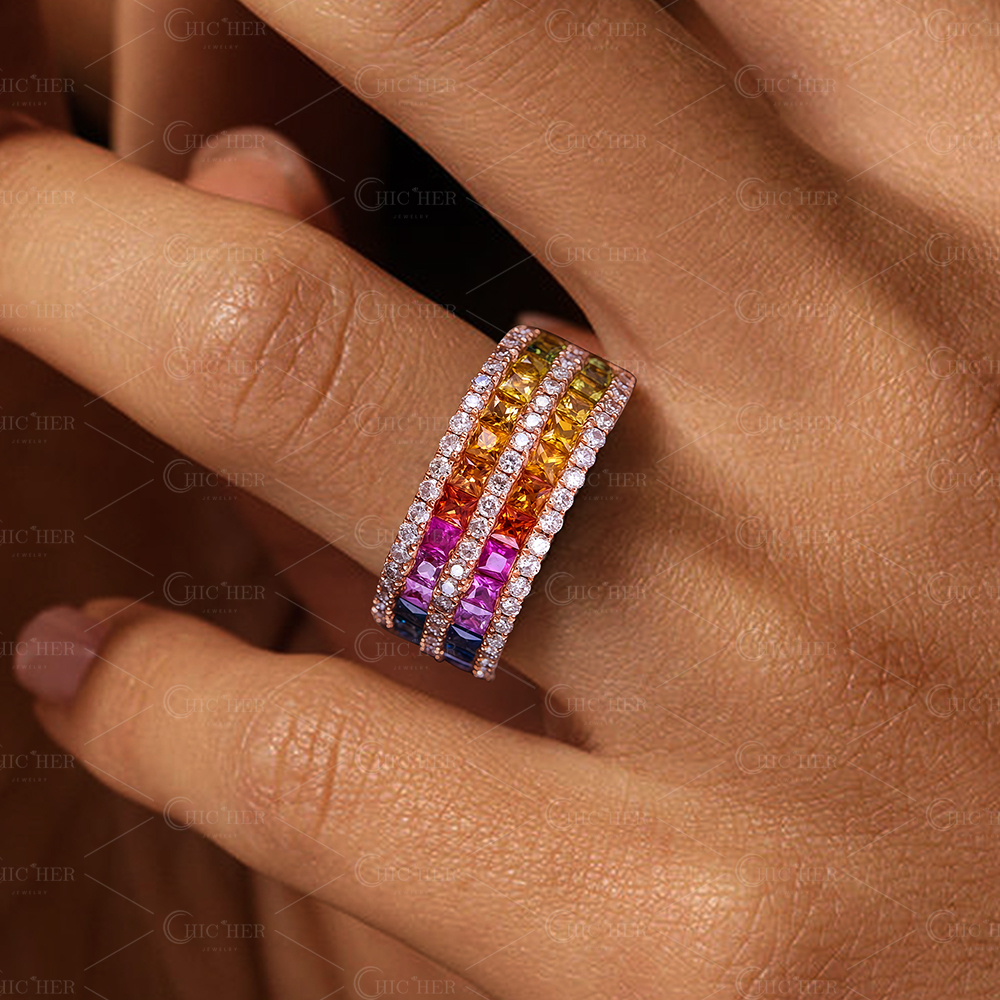 3.53ct Princess Cut Rainbow Sapphire Eternity Ring