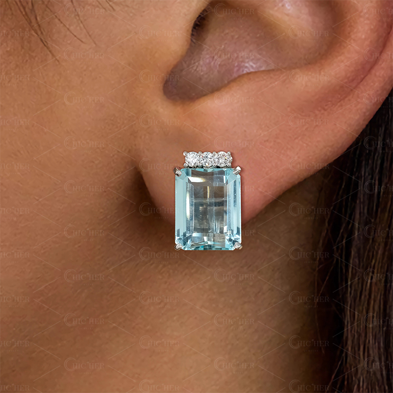 Emerald Cut Aquamarine Sapphire Stud Earrings