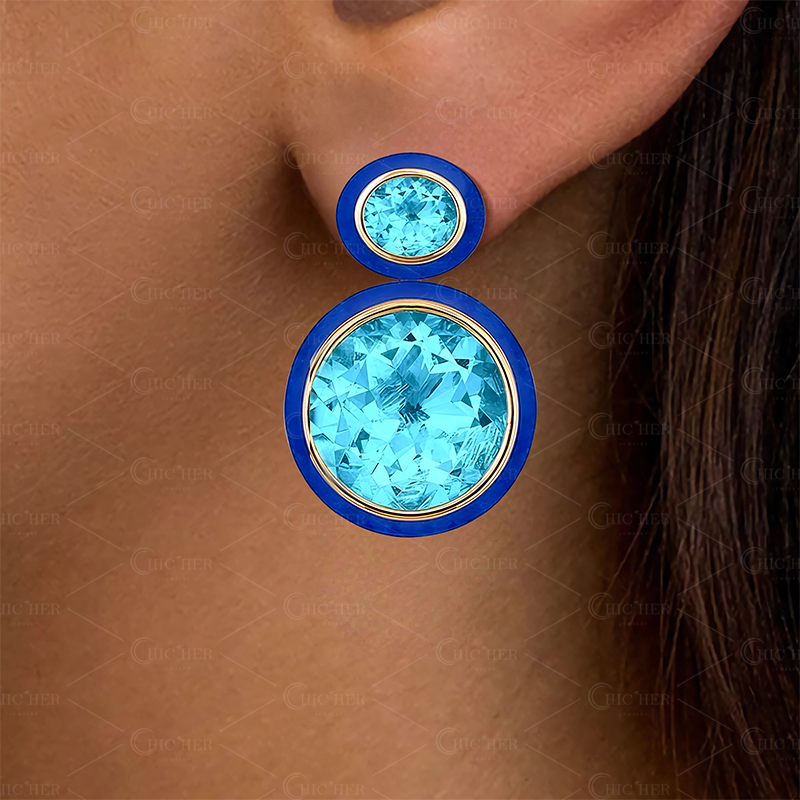 Round&Oval Cut Aquamarine Enamel Sapphire Drop Earrings