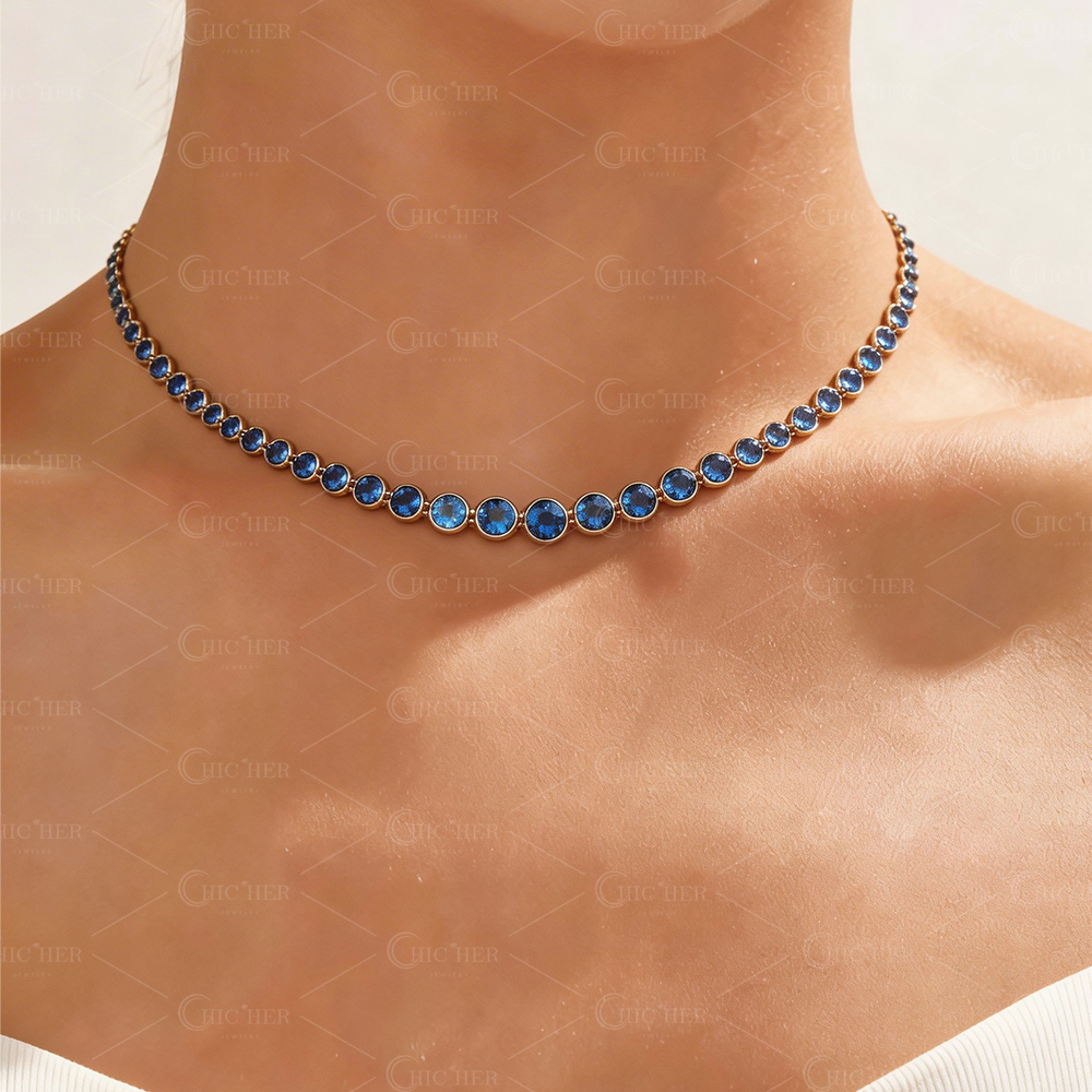 Round Cut Aquamarine Sapphire Choker Necklace