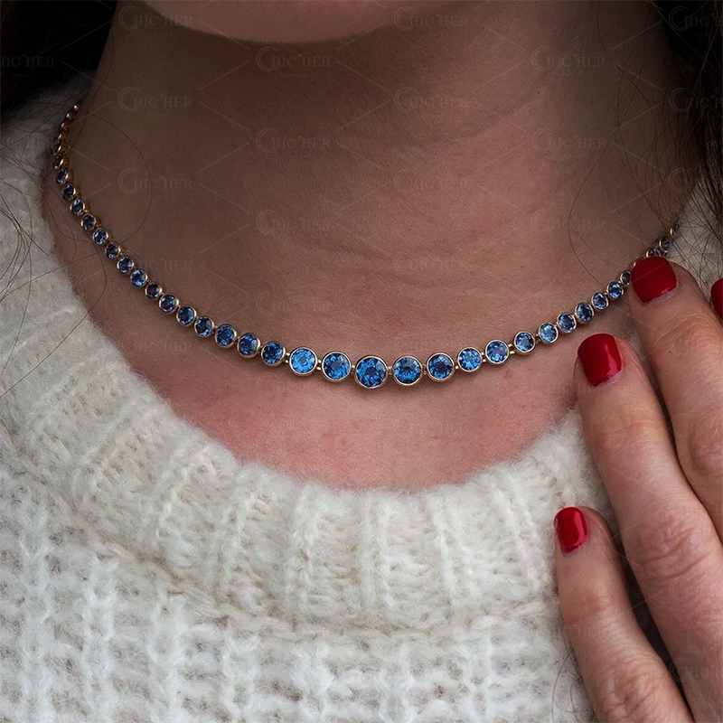 Round Cut Aquamarine Sapphire Choker Necklace