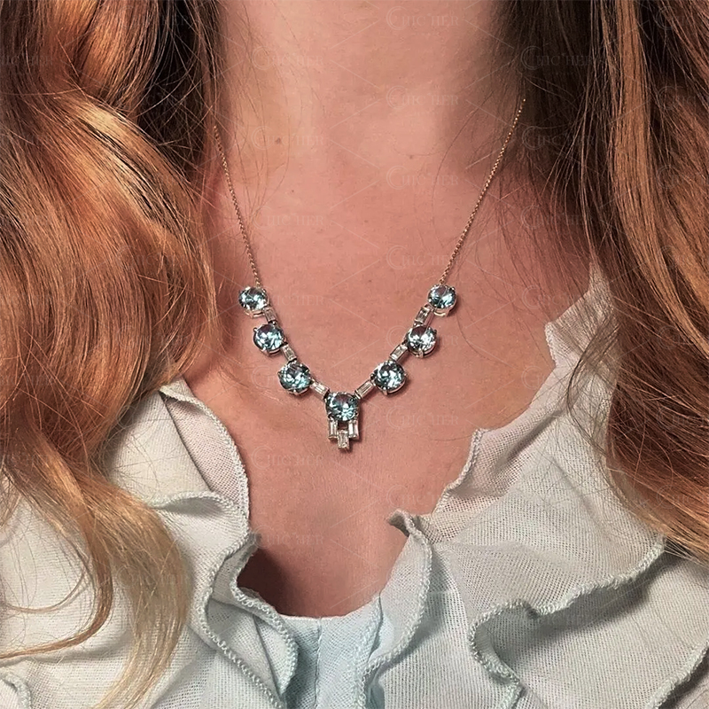 Round & Baguette Cut Aquamarine Sapphire Necklace