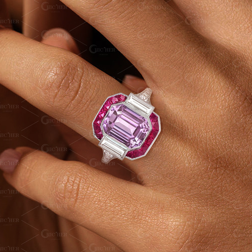 4.18ct Halo Emerald Cut Pink Sapphire Engagement Ring