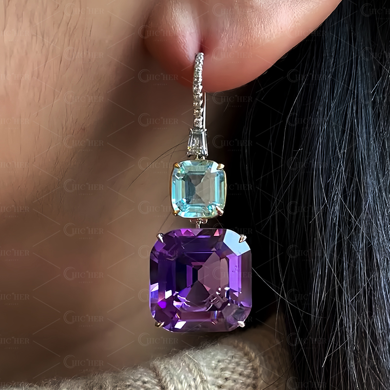 Asscher Cut Aquamarine&Amethyst Sapphire Drop Earrings