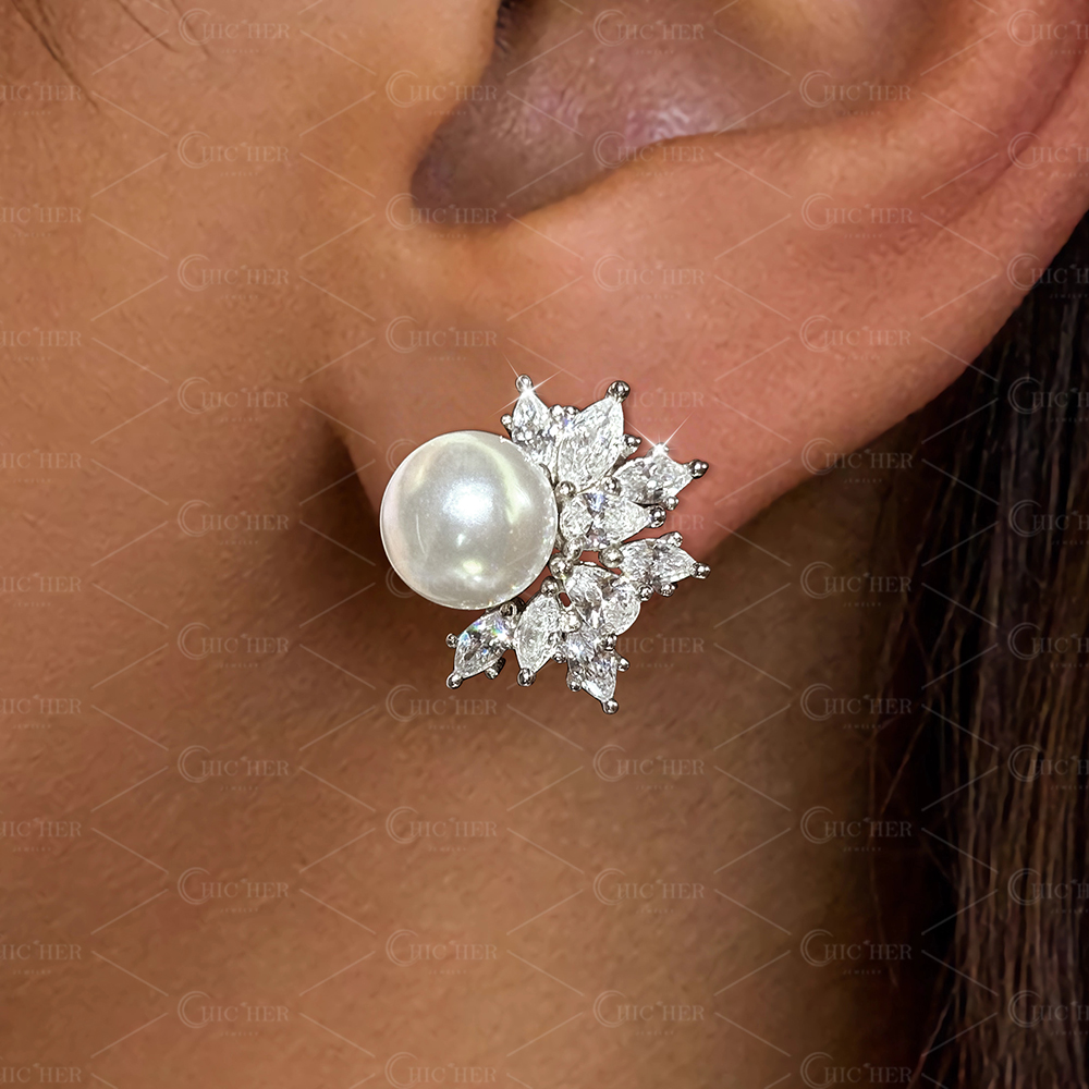 Marquise Cut White Sapphire Pearl Earrings