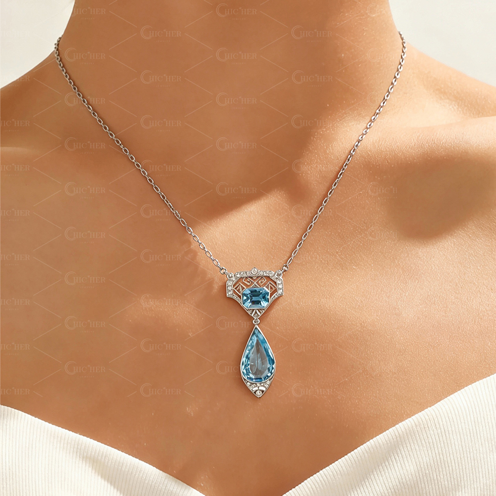 Art Deco Aquamarine and Diamond Pendant necklace 9.50ct in Platinum