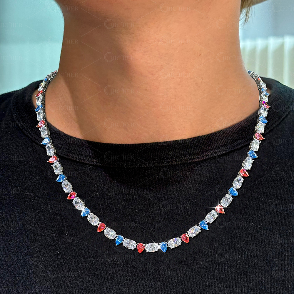 Pear&Oval Cut Rainbow Sapphire Men's Necklace